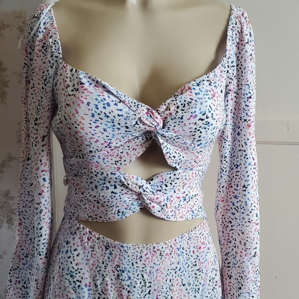 AFRM rainbow splatter leopard print white maxi dress long sleeve cut out Size M - Picture 8 of 12